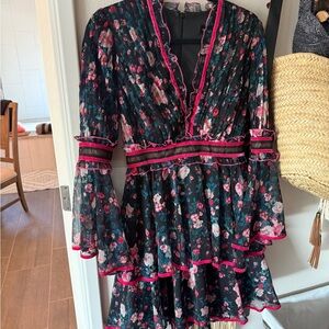 Tadashi Shoji Floral Black and Pink Dress with Bell Sleeves GUC/like new sz. 4